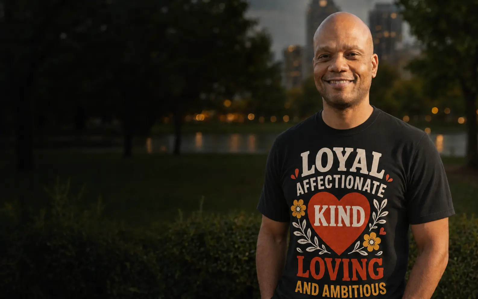 Portrait wearing the Loyalty T-shirt in a city park at golden hour